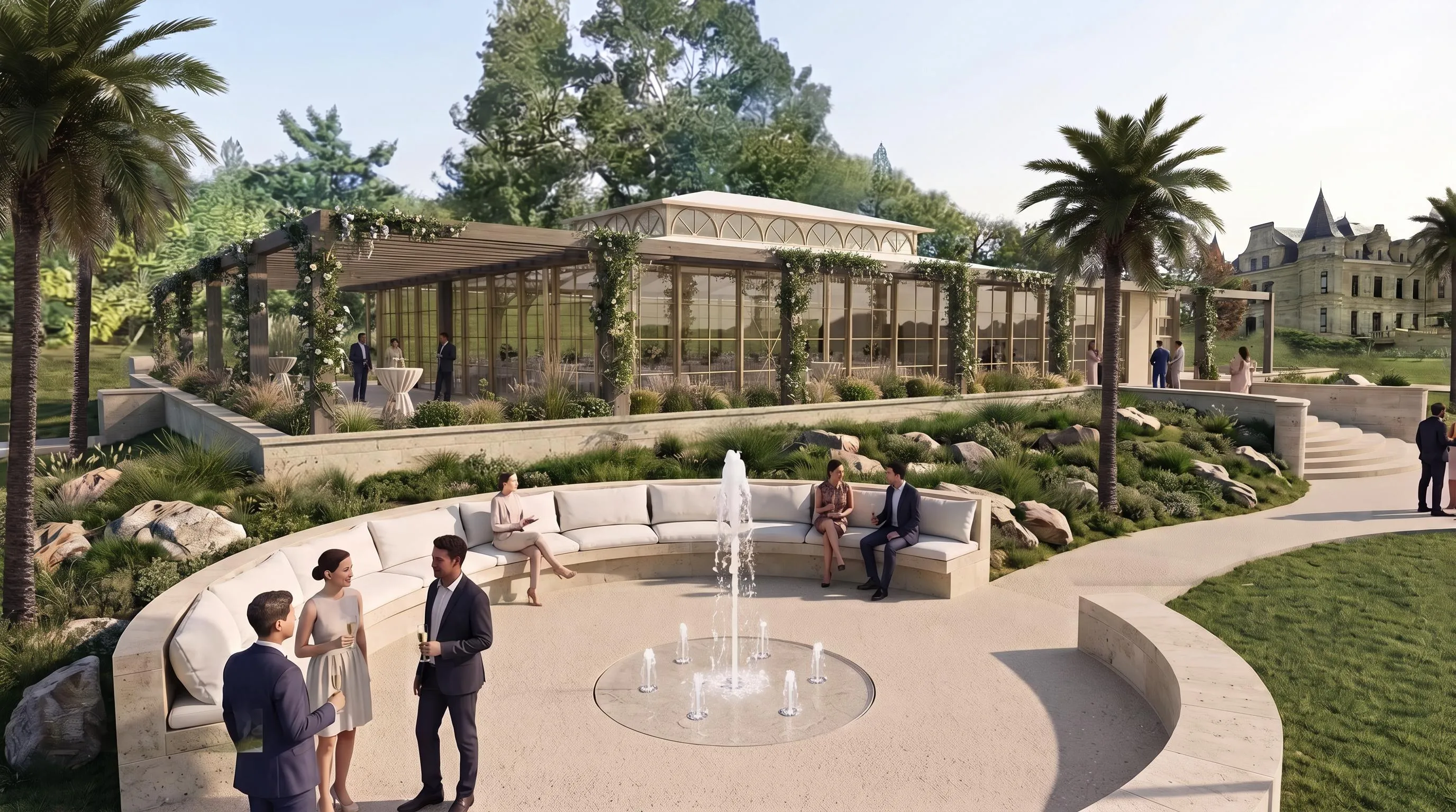 Perspective de l’orangerie depuis le parc : structure vitrée sous pergola végétalisée, terrasse basse et fontaine circulaire, château en arrière-plan